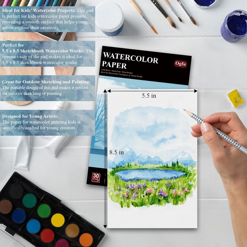 Ogfu Water Color Sketchbook 5.5 x 8.5, Small Water Color Paper Pad, 30 Sheets (60pages) Cold Pressed Watercolor Paper 140 lb, Watercolor Pads for Painting, Watercolor Supplies for Artists. - Image 5